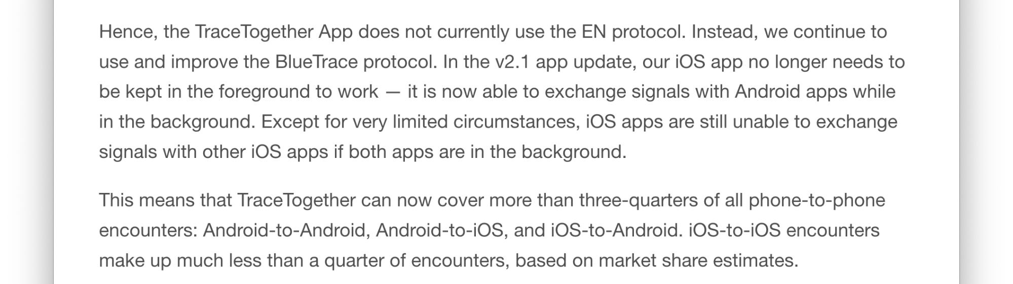 Screen capture of the release notes from the Singaporean application, noting that "Except for very limited circumstances, iOS apps are still unable to exchange signals with other iOS apps if both apps are in the background"