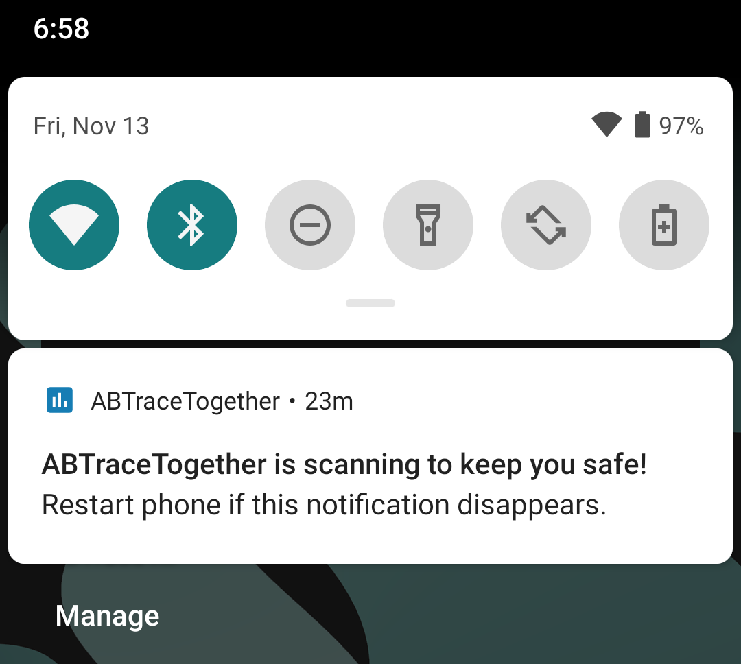 Screen capture of an Android device displaying "ABTraceTogether is scanning to keep you safe!"